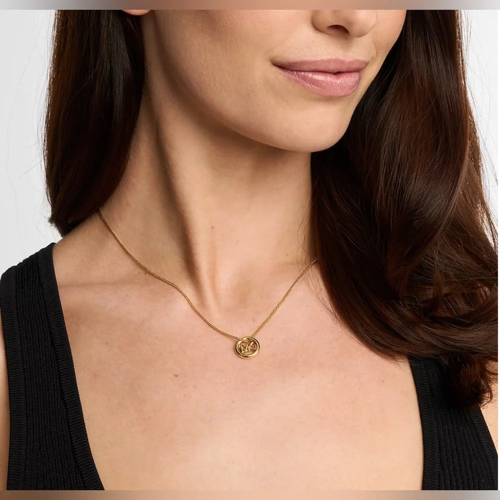 Michael KORS Gold Tone Logo Charm Pendant Necklace - Picture 3 of 9